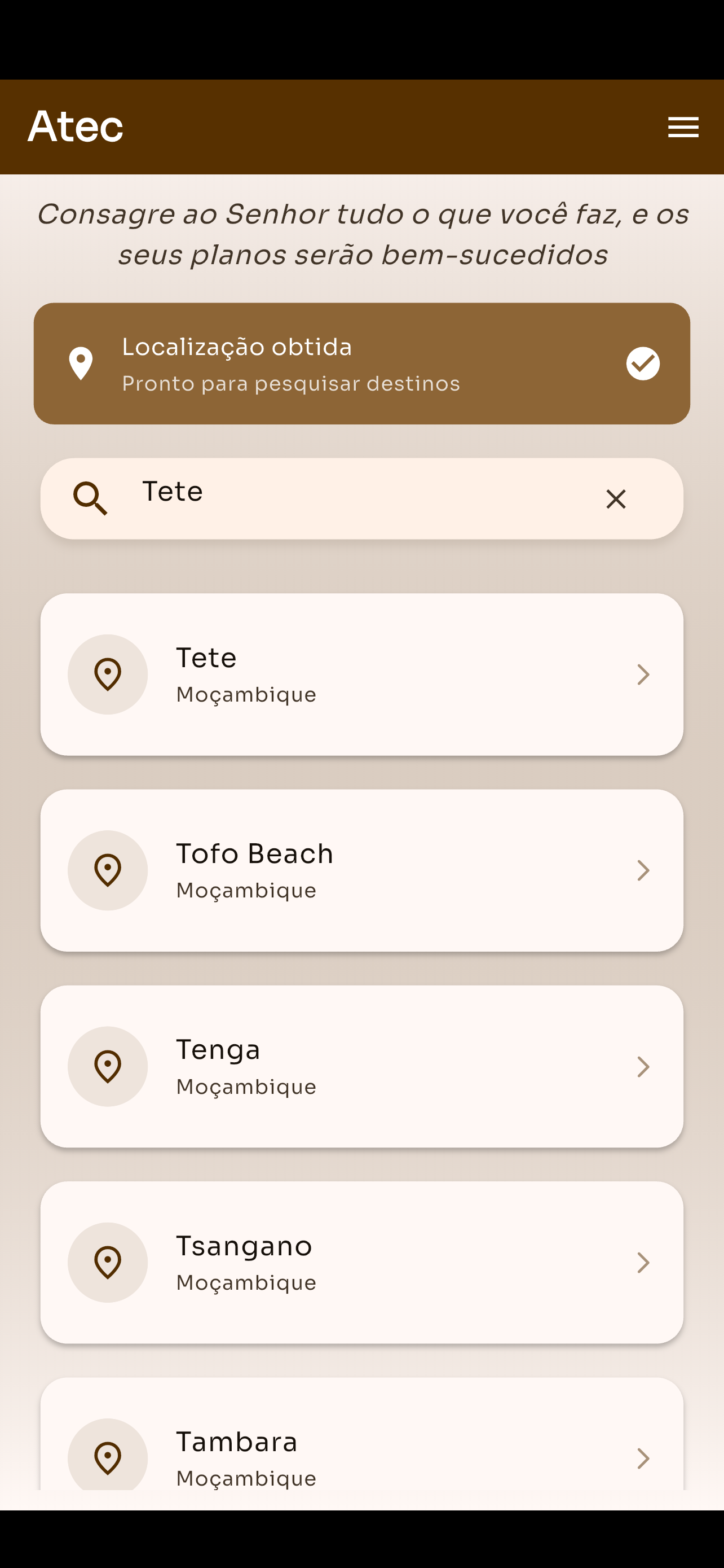 Tela do app ATEC com resultados de busca em Tete, Moçambique